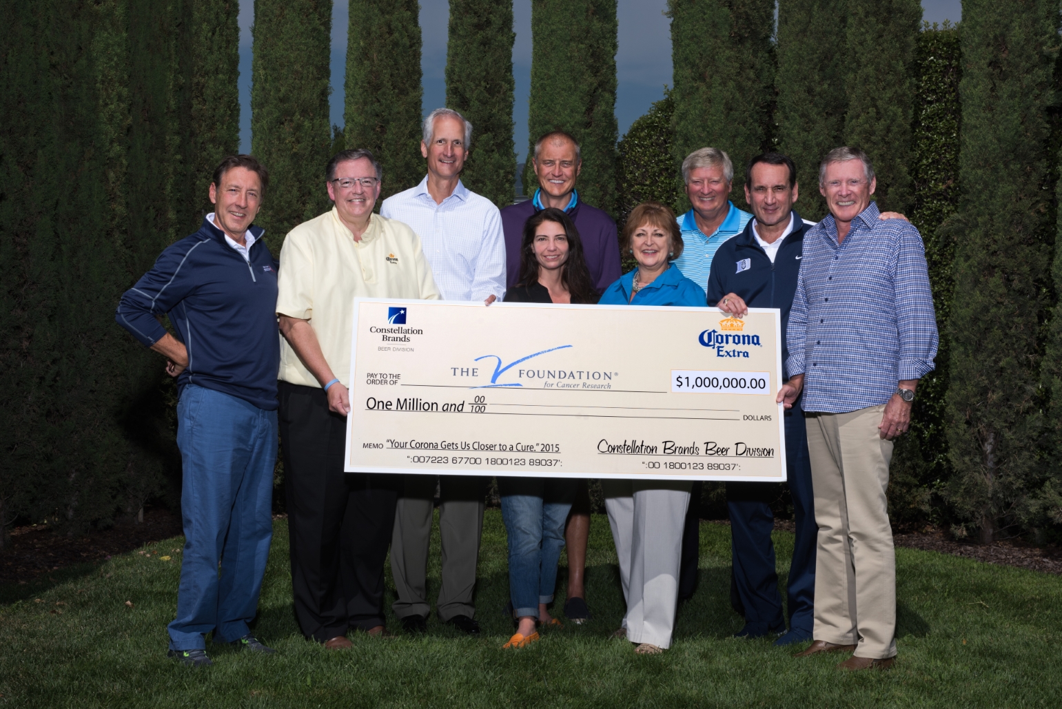 Constellation Brands’ Senior Vice President of Corporate Affairs, Jim Ryan (attached photo, second from left), and Howard Young (third from left), President of General Wholesale Beer Company in Atlanta, Ga., presented a check in the amount of $1,000,000 to members of the board of directors from The V Foundation for Cancer Research. Featured in the photo are Chief Executive Officer of The V Foundation, Susan Braun (third from right), and Mike Krzyzewski (second from right), head coach of the Duke Blue Devils men's basketball team and close friend of the late Jim Valvano.