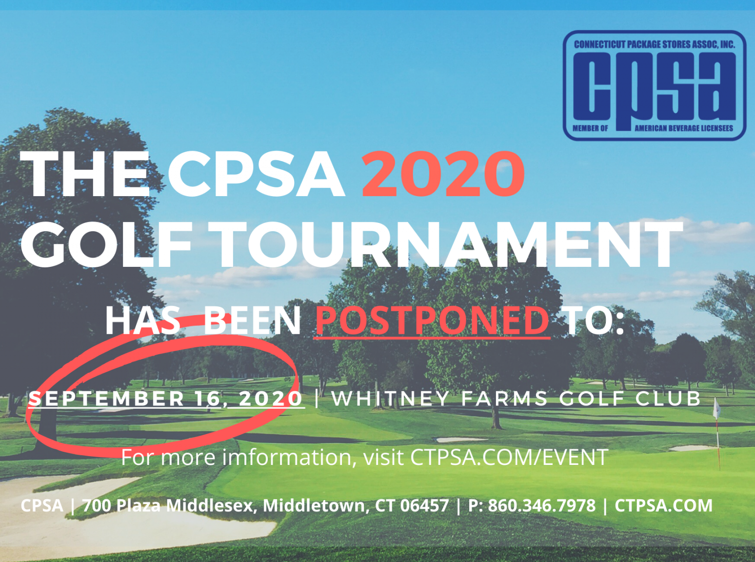 September 16, 2020: CPSA Annual Golf Tournament (NEW DATE)