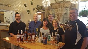 Pete Kowalczyk, Onyx Spirits; David Baker, Litchfield Distillery; Tom Dubay, Hartford Flavor Company; Rebecca Stanger, spirit passport winner; Lelaneia Dubay, Hartford Flavor Company; and John Taylor, Waypoint Spirits. 