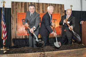 Diageo North American President Larry Schwartz, Kentucky Governor Steve Beshear and Bulleit Bourbon Founder Tom Bulleit break ground on a new distillery in Shelbyville, Ky.  The distillery will be called The Bulleit Distilling Co. (PRNewsFoto/Diageo)