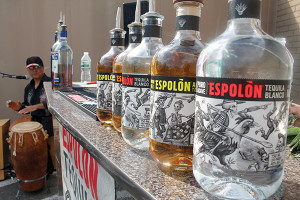 Espolòn Tequila on display. The tequila uses blue agave, El Espolòn, and is produced by the San Nicolas Distillery in the Los Altos region of Jalisco, Mexico. Espolòn offers a Reposado, Blanco, Añejo and a specialized Reposado finished in bourbon barrels. 