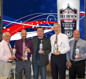 Left to right: Tito Padilla, Sales Rep, Air Force Veteran; Al Rotella, Sales Rep, Marine Veteran; Travis McVey, Owner of Heroes Vodka, Marine Veteran; Jerry Rosenberg, President of Hartley and Parker, Army Reserve Veteran; Doug Preston, District Manager, Navy Veteran.