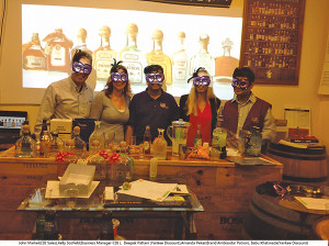 Behind the masks are John Markel, Sales, CDI; Kelly Scofield, Business Manager, CDI; Deepak Pattani, Owner, Yankee Discount Liquor; Amanda Pekar, Account Development Specialist, Patrón, CDI; and Babu Khatiwada, Manager, Yankee Discount Liquor.