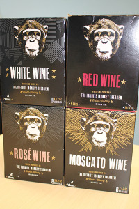 The Infinite Monkey Theorem canned wines portfolio features a white, red, rosé and moscato wine. Each comes in a 4-pack of cans.