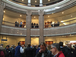 The lobby of the Legislative Office Building in Hartford filled early for the February 23 public hearing on S.B. 14.