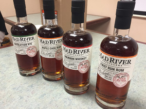 Mad River Revolution Rye, Mad River Maple Cask Rum, Mad River Bourbon Whiskey and Mad River First Run Rum.