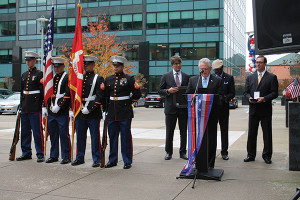 U.S. Marine Corps Honor Guard beside Harry Rilling, Mayor, City of Norwalk at the podium; Jakob Ripshtein, CFO, Diageo North America and President of Diageo Canada; Marc S. Strachan, Vice President of Corporate Relations and Constituent Affairs, Diageo; Mark Schulte, Senior Vice President of Customer Marketing and Education, Diageo.