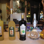 A selection of spirits during the tasting: Russo Limoncello, Russo Mandarino, Russo Nocino, Grappa Bianca and Grappa Riserva.