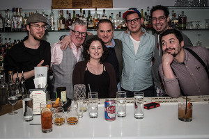 Post-competition celebration at Luxe Modern Wine & Cocktails. Bartenders Vincenzo Anastasia, James Menite, Megan Lambert, Douglas Tirola of "Hey Bartender" film fame, Jon Kraus, Jeff Marron and Carlos Garcia. Photo by Chris Almeida.