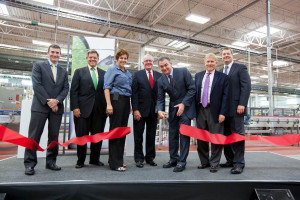 Diageo executives and local government officials celebrated the completion of more than $120M in upgrades at the company's Plainfield, IL bottling facility. From Left: Paul Gallagher, Supply President, Diageo North America, Rocky Wirtz, President, Wirtz Corporation, Jennifer Bertino-Tarrant, State Senator, 49th District, Michael P. Collins, Mayor of Plainfield, Larry Schwartz, President, Diageo North America, Tom Cross, State Representative, 97th District, Erik Snyder, VP Operations. (PRNewsFoto/Diageo)