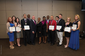 Student; Janelle Prieto, Global Learning Skills for Life Program Manager, Diageo; Student; Student; Marc Strachan, VP Multicultural Marketing, Diageo; Norwalk Mayor Harry Rilling; Dr. Danielle Robinson, Director of Corporate Relations for Diageo’s Alcohol Policy and Reputation Management team, who heads LSFL in the U.S.; Sherone Mullings, Learning Skills for Life Program Manager, Diageo NA; Peter Clayton, Owner Bartending Academy; Student; Stephen Barone, Learning Skills for Life Facilitator; Student; Student; Student.