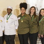 From left to right: Dale Venturini, Lorena Rodriguez, Casey Torres, Zurisadai Avila-Sosa, Carmen Fernandez, Avia Payne, Caroline Velasquez, Elise Calhoun, Gabriella Fegundes, Pastry Chef Instructor Amy Hitzemann, Chef Instructor Santos Nieves, Chef Instructor Peter Fangiullo, Joseph Vigliotti.