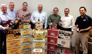 Mark Wahlgren, General Manager, McLaughlin & Moran; Chuck Borkoski, VP, Marketing of McLaughlin & Moran; Derrick Ransford,  District Manager for RI and Connecticut, Shiner Brewery; Ed Mangine, Northeast Region Manager,  The Gambrinus Company; Terry Moran, President, McLaughlin & Moran; Paul Moran, Chairman, McLaughlin & Moran;  Charlie Paulette, Chief Sales and Marketing Officer, The Gambrinus Company. 