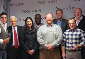 Noah King-Smith, Key Account Manager; Lester Eber CEO; Wendy Eber, President; Chris Williams, Regional Manager; Paul Burne, Key Account Manager; all of Slocum & Sons; Laurent Drouhin of Maison Joseph Drouhin; Alex Meier-Tomkins, Key Account Manager and John Slocum, General Manager, both of Slocum & Sons