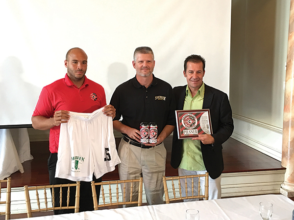 James Perkins, General Manager, CT United FC; Rich Visco, CEO, Shebeen Brewing Company; Greg Bajek, Owner, CT United FC, during an August press conference and product release in Berlin, Connecticut.
