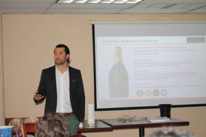 Brenton Blanchard, Business Director, ABCK Corp., presenting Chapel Down wines to Slocum & Sons on April 14. Three Graces is a blend of 60% Chardonnay, 33% Pinot Noir and 7% Meunier, sourced from vineyards in Kent, Essex and Sussex on chalk and clay soils. The Rosé Brut is made from 100% Pinot Noir grapes and sourced from Kit’s Coty Vineyard near Aylesford in Kent. Reserve Brut is made of 44% Chardonnay, 38% Pinot Noir, 11% Pinot Blanc and 7% Pinot Meunier from vineyards in Kent, Essex, Sussex and Dorset.