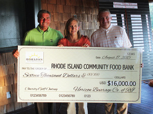 Angelo Collins, President, Horizon Beverage Co. of RI; Lisa Roth Blackman, Chief Philanthropy Officer, RI Community Food Bank; and Jim DiMarino, Director of Golf, Carnegie Abbey Golf Club.