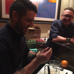 Ventrice preparing his cocktails as 2015 Woodford Reserve Winner, John Kubisko, looks on.