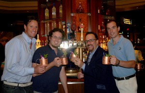 Ben Jones, Regional Director Rhum Clement; Jonathan Pogash, “The Cocktail Guru,” renowned cocktail consultant; Frank Martucci, General Manager Beverage Operations, Twin River Casino; and Brent Ryan, Managing Director, Thomas Tew share a toast of Wink at the “keg barrel craft” cocktail’s launch party at Twin River Casino. 