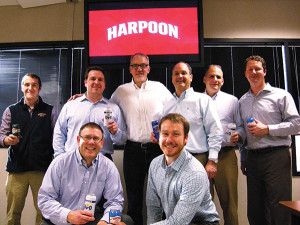 First row:  Dennis Fitzgibbons, Vice President of Sales, Harpoon; Andrew Lieffers, Brewery Representative, Harpoon. Second row: Will Clune, Brewery Representative, Harpoon; Ryan Broz, General Manager, Wayne Div., HBC; Dan Kenary, CEO and Co-Founder, Harpoon; Gregg Quadrini, President Beer CBU, HBC; Tom Brayer, Executive Vice President of Sales, Harpoon; and Mike Fraioli, Regional Sales Manager, Harpoon.