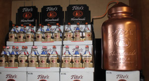 Tito’s Handmade Vodka of Austin, Texas, displayed during the celebratory sales meeting on April 7. The vodka brand, produced in the first legal distillery in Texas, was founded by Bert Butler "Tito" Beveridge II.