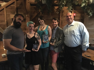 Aaron Stepka, Millwrights, surrounded by the winners: Jaime Oakes in second place, Kristen Mixter in first and Erick Karadima in third place, next to Jeff Conelius, Craft Spirit Specialist, Allan S. Goodman.