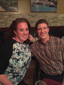 Cellar Fine Wines Representative Jacey Haskell and Black Bear Wines & Spirits Manager Ethan Epstein prepare for the evening's wine tasting program at Bistro Mediterranean in Norwalk.