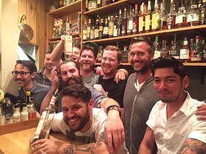 Jaime Johel took first place (far right) next to Corey Bonderenko, second place and Conrad Meurice (center), third place. Craig Ventrice (front), Bar Manager, Kawa Ni, surrounded by competitors.