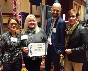 Carol Golden, Rhode Island Foundation; Anne Sage, Co-Owner, Sage Cellars; Daniel Kertzner, Rhode Island Foundation; Pam Hewitt, Rhode Island Foundation. Sage was recognized on November 18, National Philanthropy Day, during a breakfast ceremony at Twin River Casino hosted by the Association of Fundraising Professionals Rhode Island Chapter.