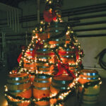 The Sons of Liberty barrel Christmas tree on display in its distillery for the holiday season.