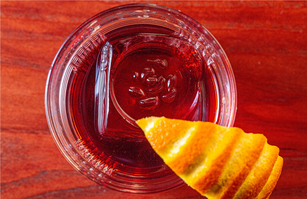 Brother Wolf’s barrel-aged Negroni, with branded ice. Photo by Tom Bell Blankenship.