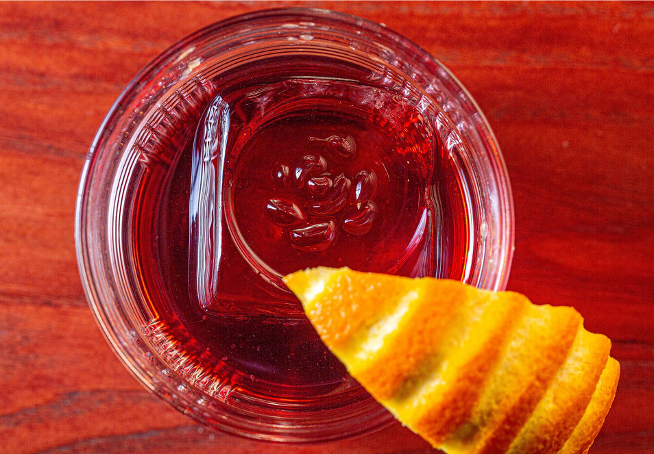 Brother Wolf’s barrel-aged Negroni, with branded ice. Photo by Tom Bell Blankenship.