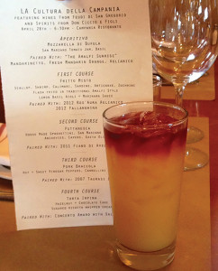 The April 28, 2014 menu and the “Amalfi Sunrise” by Joe Solevo featuring Don Ciccio & Figli Mandarinetto, mandarin orange juice and Aglianico red wine float.